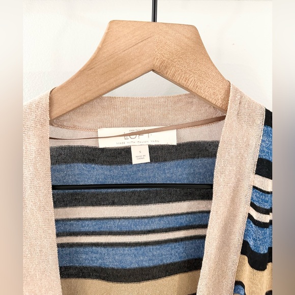 Loft Italian Yarn Open Front Cardigan Tan & Blue Stripe Size Small - Picture 4 of 5